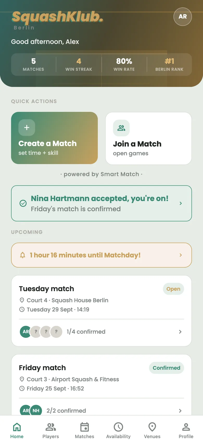 The SquashKlub dashboard: a greeting, match stats, Create a Match and Join a Match, and upcoming games