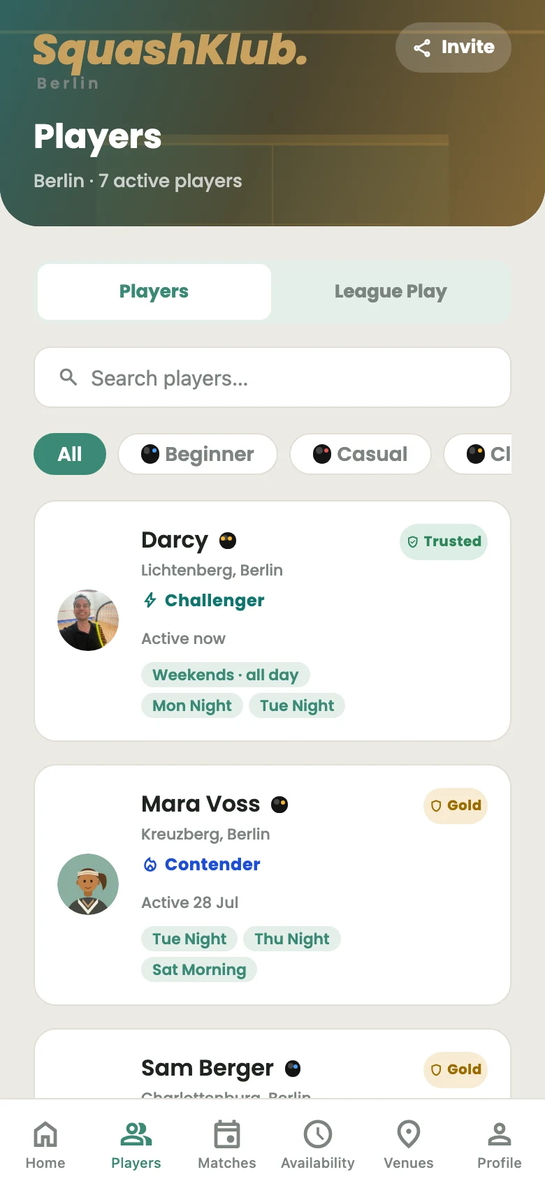 Player list with level filters, distance, usual playing nights and trust badges