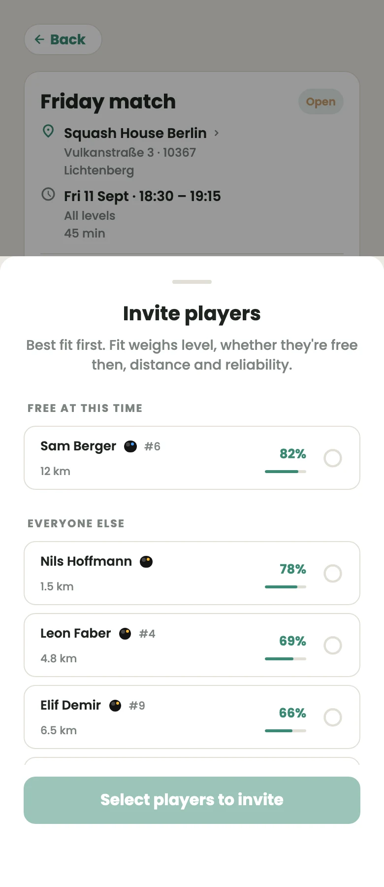 Invite players list ranked by fit percentage, with players free at that time grouped first