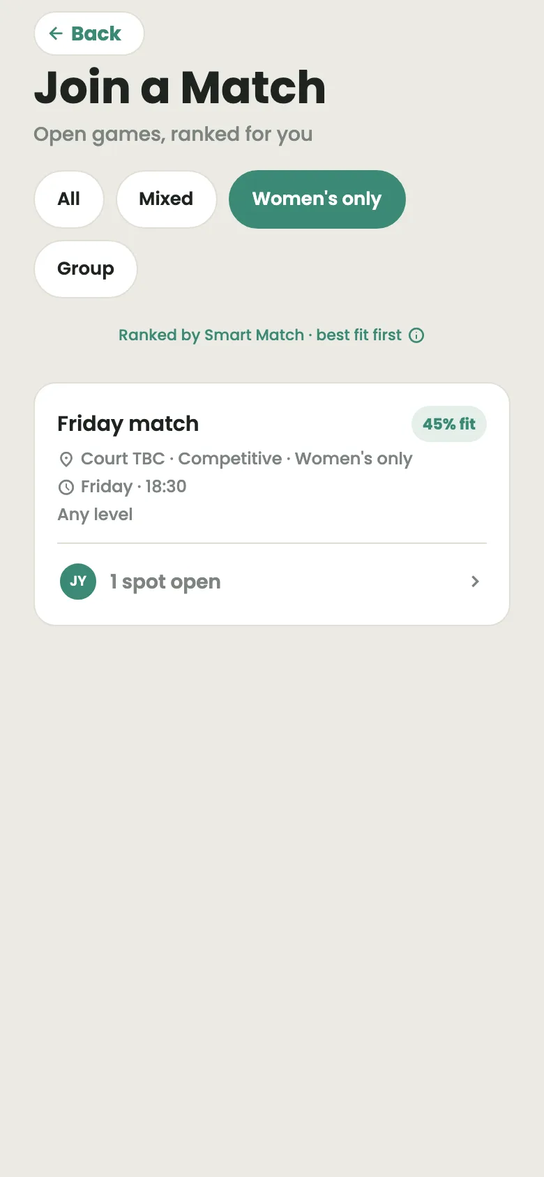 Join a Match with the women's only filter active, showing an open women's only game