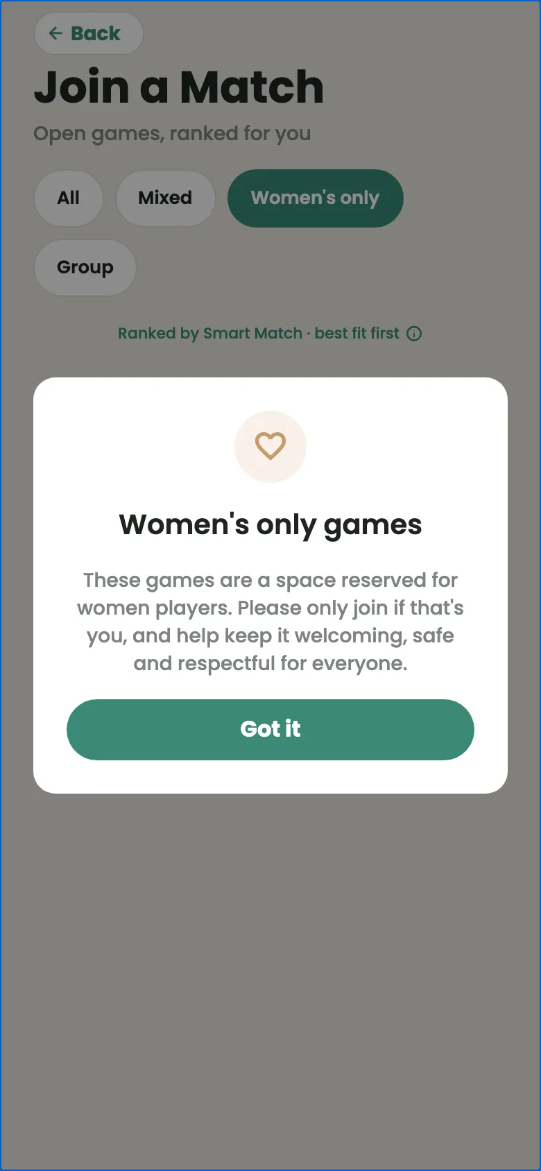 The reminder shown before joining: these games are a space reserved for women players